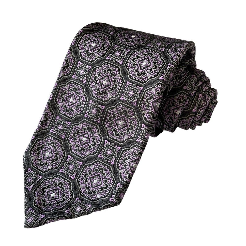 Robert Talbott Seven Fold Neck Tie NWT Purple Black Geometric Medallion #27/40